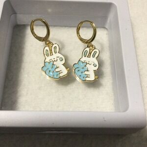 Laminated Gold Bunny Rabbit Dangle Earrings Gold Tone‎ Blue White Kawaii Jewelry